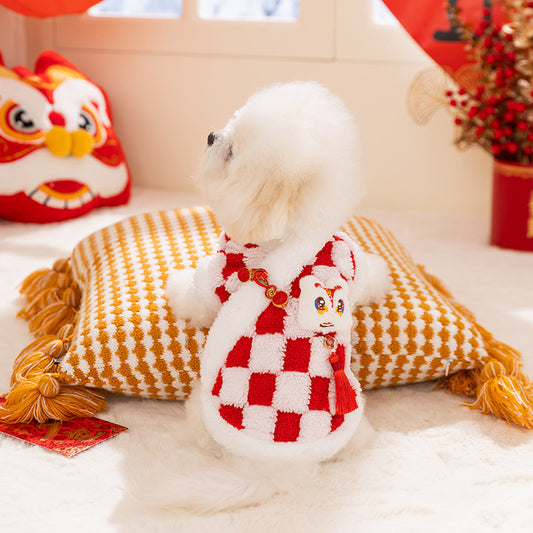 Chinese New Year Checkered Pet Coat With Lion Dance & Fortune Details, Plush Festive Dog Jacket For Lunar New Year