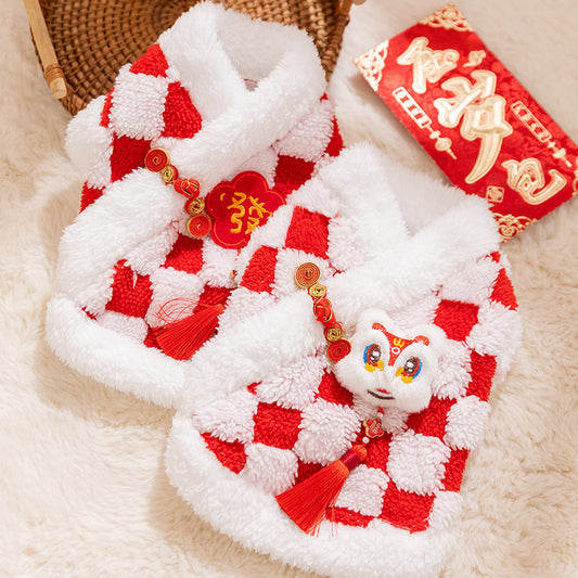 Chinese New Year Checkered Pet Coat With Lion Dance & Fortune Details, Plush Festive Dog Jacket For Lunar New Year